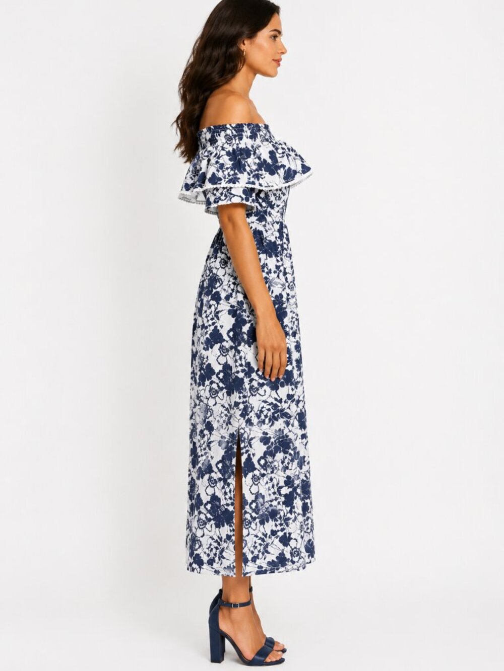 CHELSEA28 White Navy Floral Maxi Dress Off the Shoulder Fairy Size 0 or 2 - Picture 3 of 4